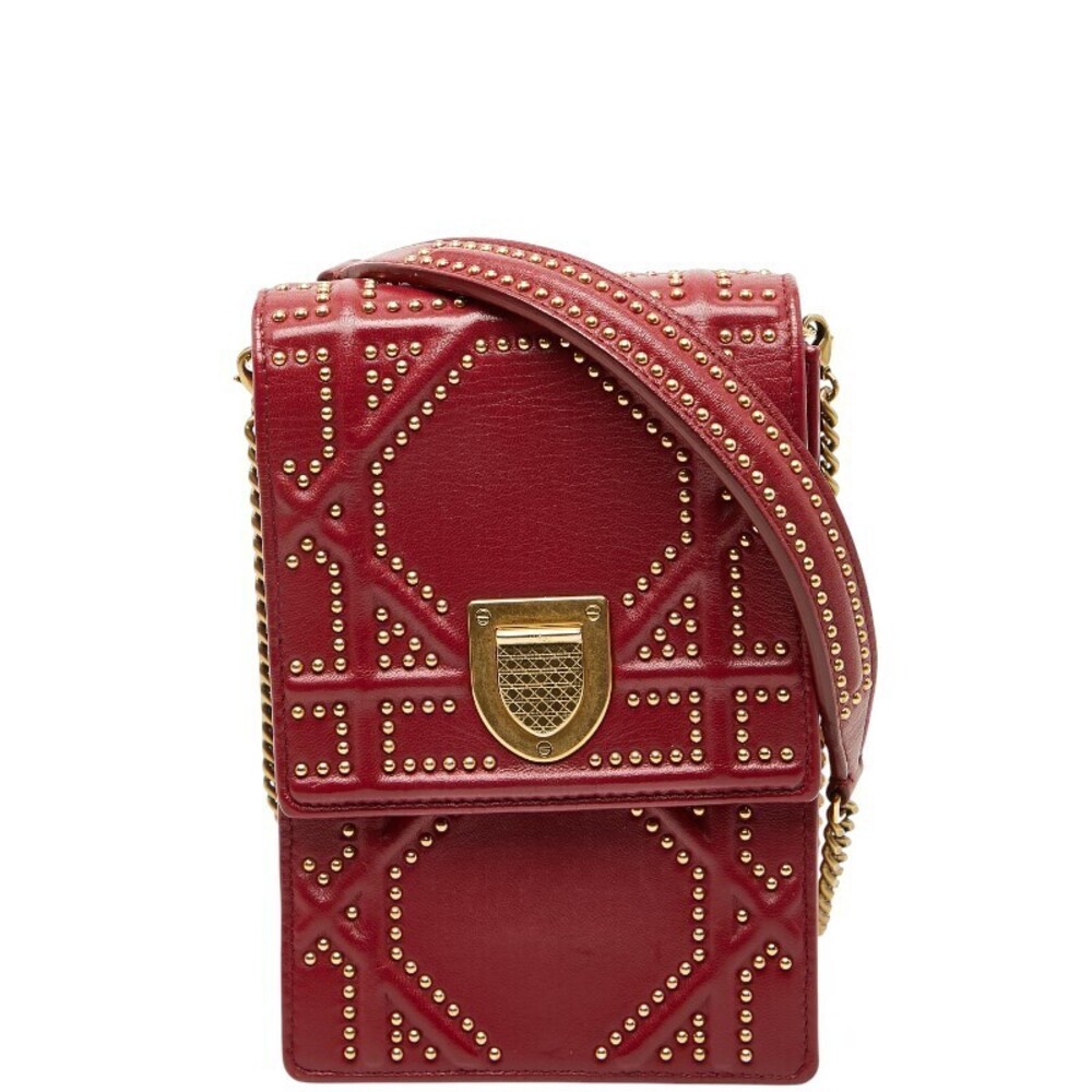 Christian Dior ama Studded Chain Shoulder Bag Red Gold Leather